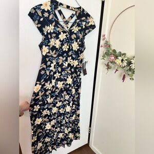 Vintage Miss Scarlett Midnight Navy/Light Blue and Ivory Floral Midi Dress